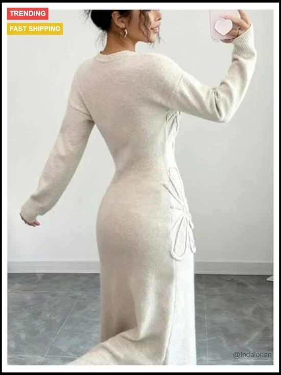 3D Floral Appliques Knit Sweater Dress Crewneck Long Sleeve Flared - Picture 3 of 5